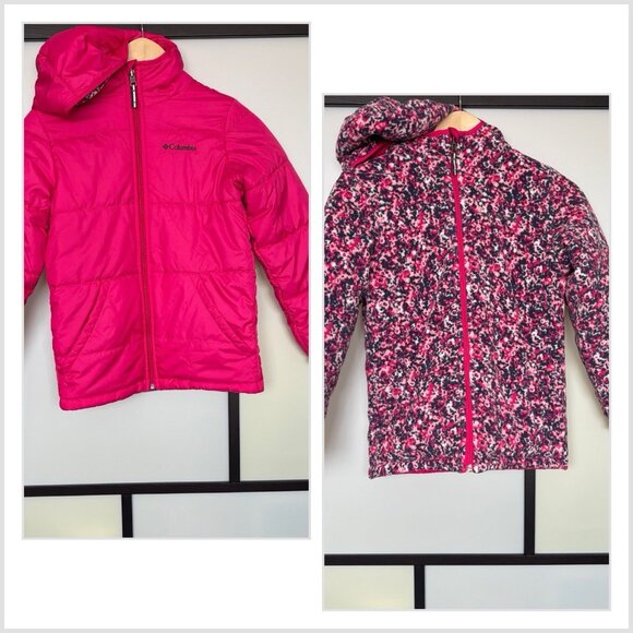 Columbia Girls Revrsible Jacket 10-12 Pink Hooded Fleece Lined School Preppy Ski